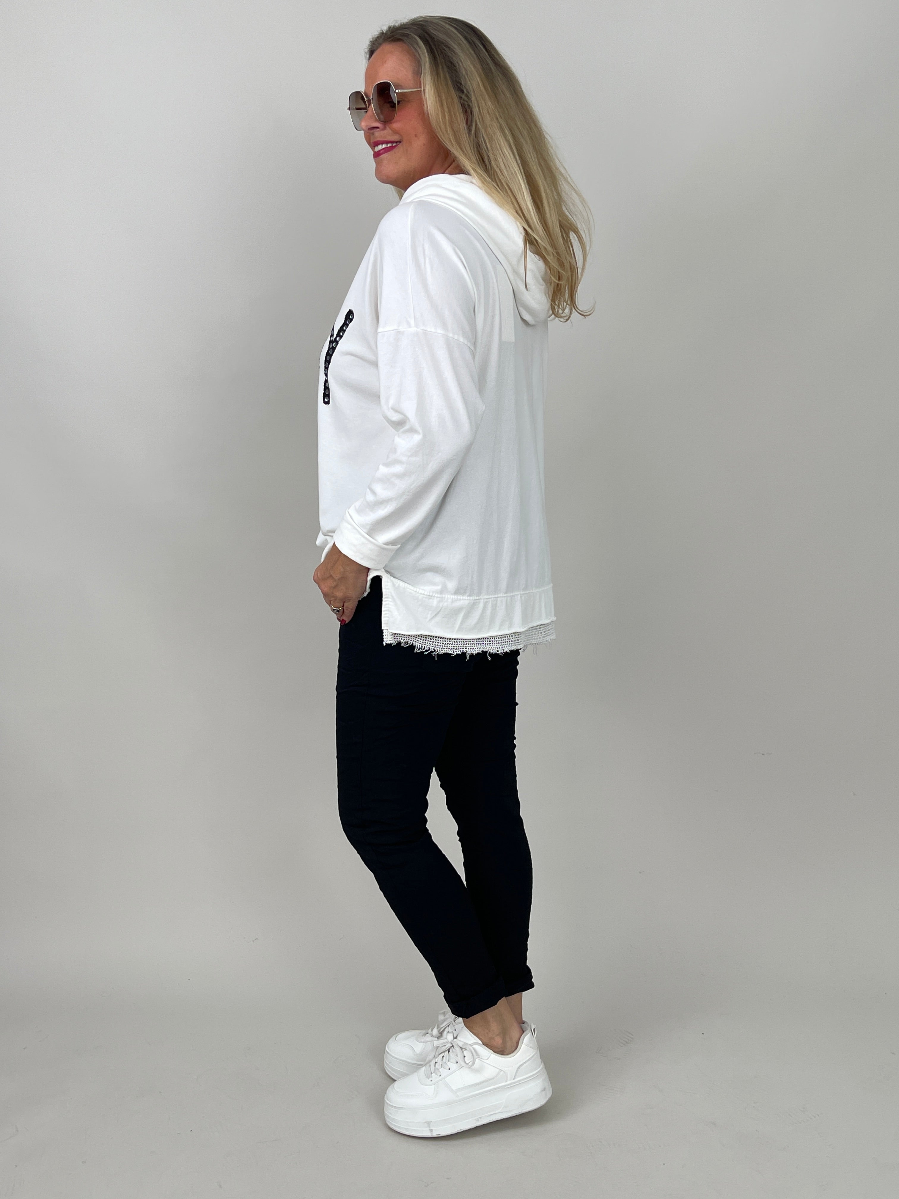 Hoodie mit Glitzer-Schriftzug in Offwhite