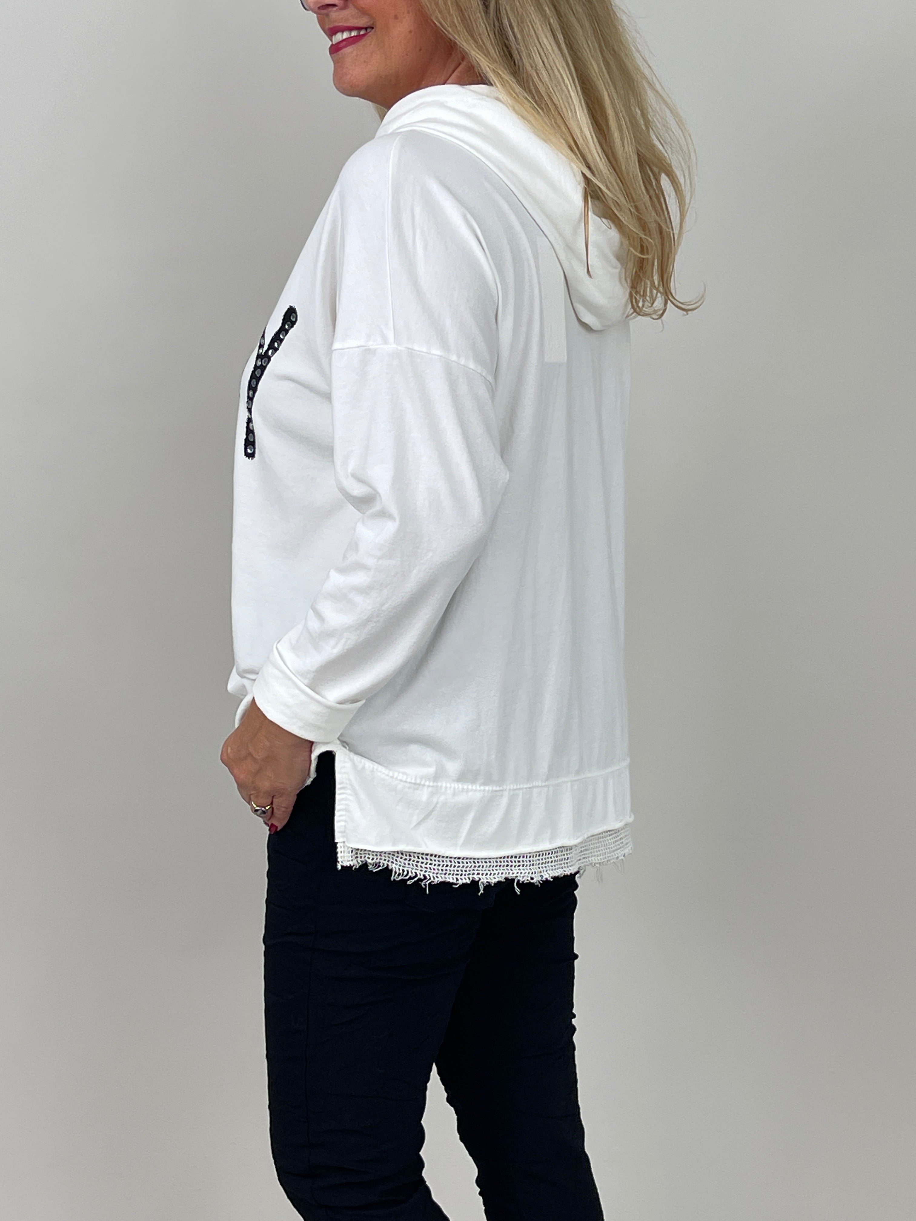 Hoodie mit Glitzer-Schriftzug in Offwhite