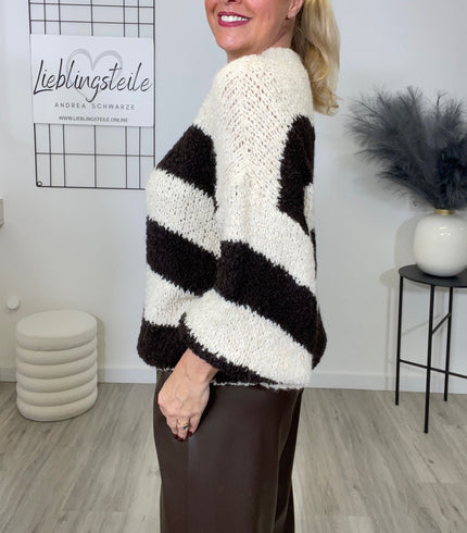 Pullover Bouclé Grobstrick mit Streifen in Creme/Mokka Art. 6538