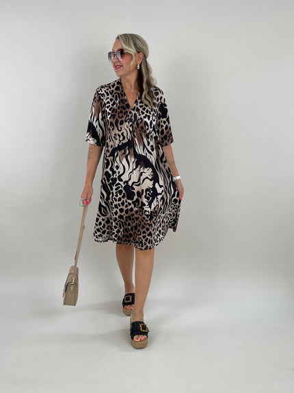 Kleid Kofferstoff Halbarm Muster in Braun/Beige Artikel 6183