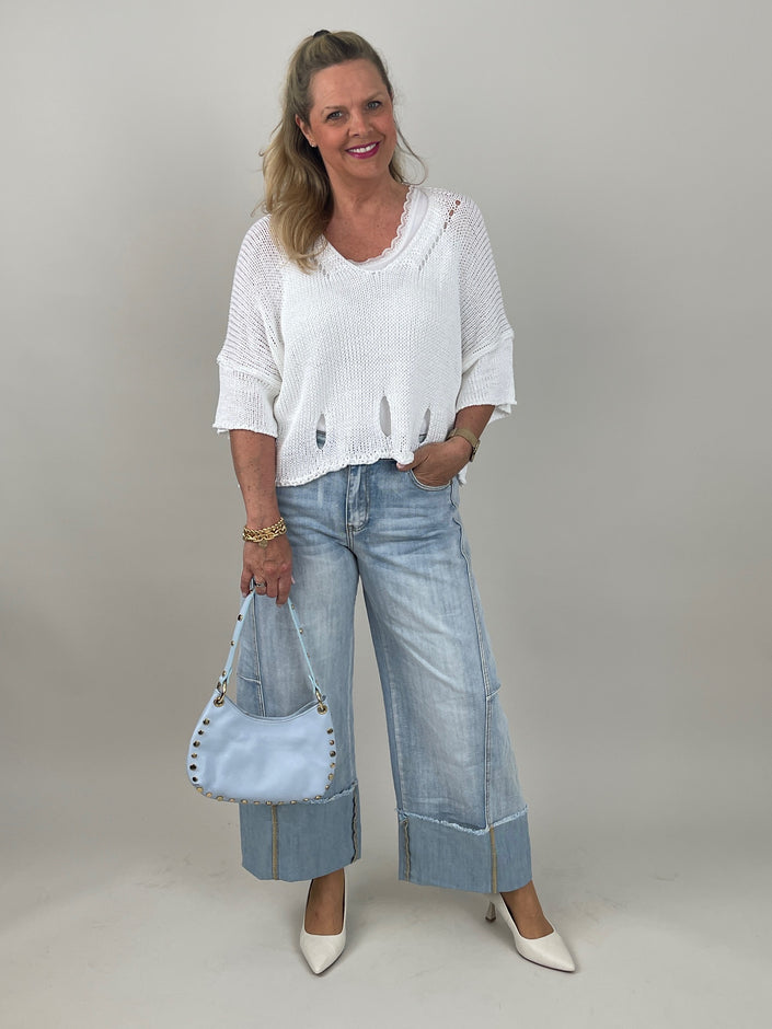 Pullover Kurzarm Lochmuster in Weiß