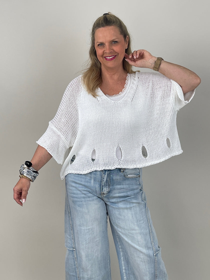 Pullover Kurzarm Lochmuster in Weiß