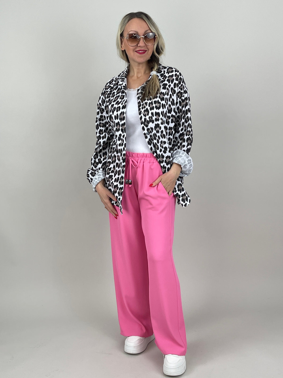 Musselin Bluse Frottee-Details im Leo-Muster