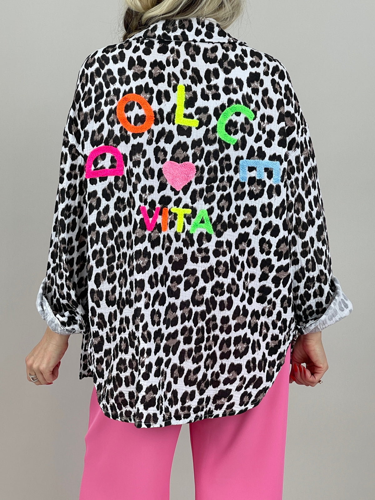 Musselin Bluse Frottee-Details im Leo-Muster
