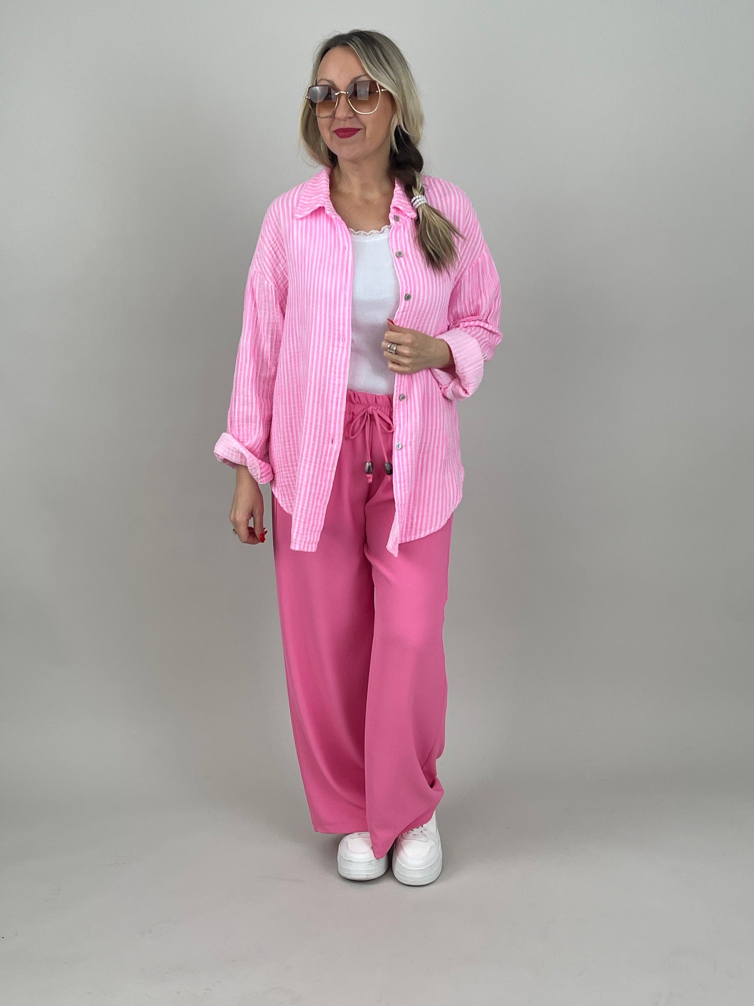 Musselin Bluse Frottee-Details in Rosa