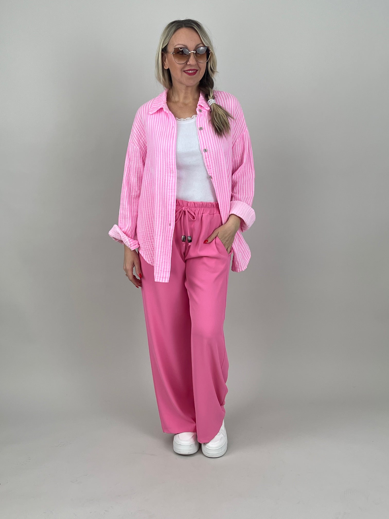 Musselin Bluse Frottee-Details in Rosa