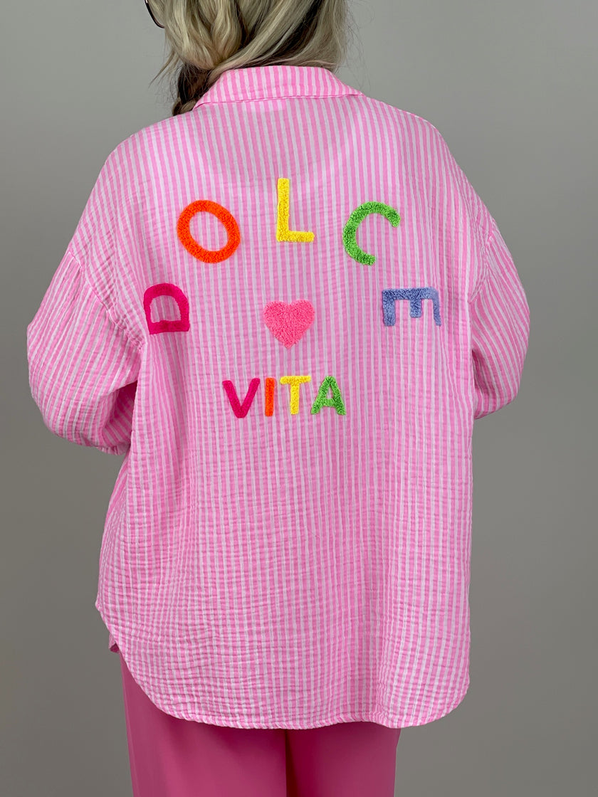 Musselin Bluse Frottee-Details in Rosa
