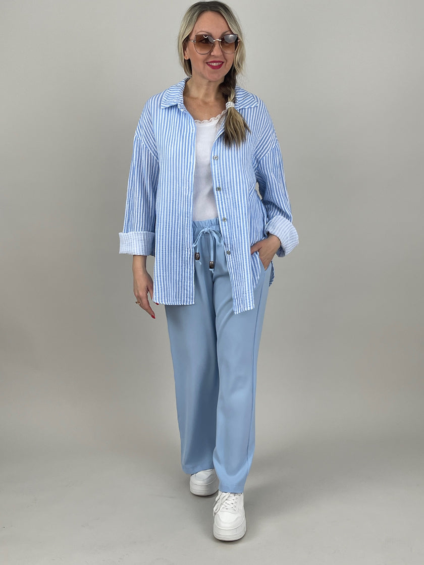 Musselin Bluse Frottee-Details in Hellblau