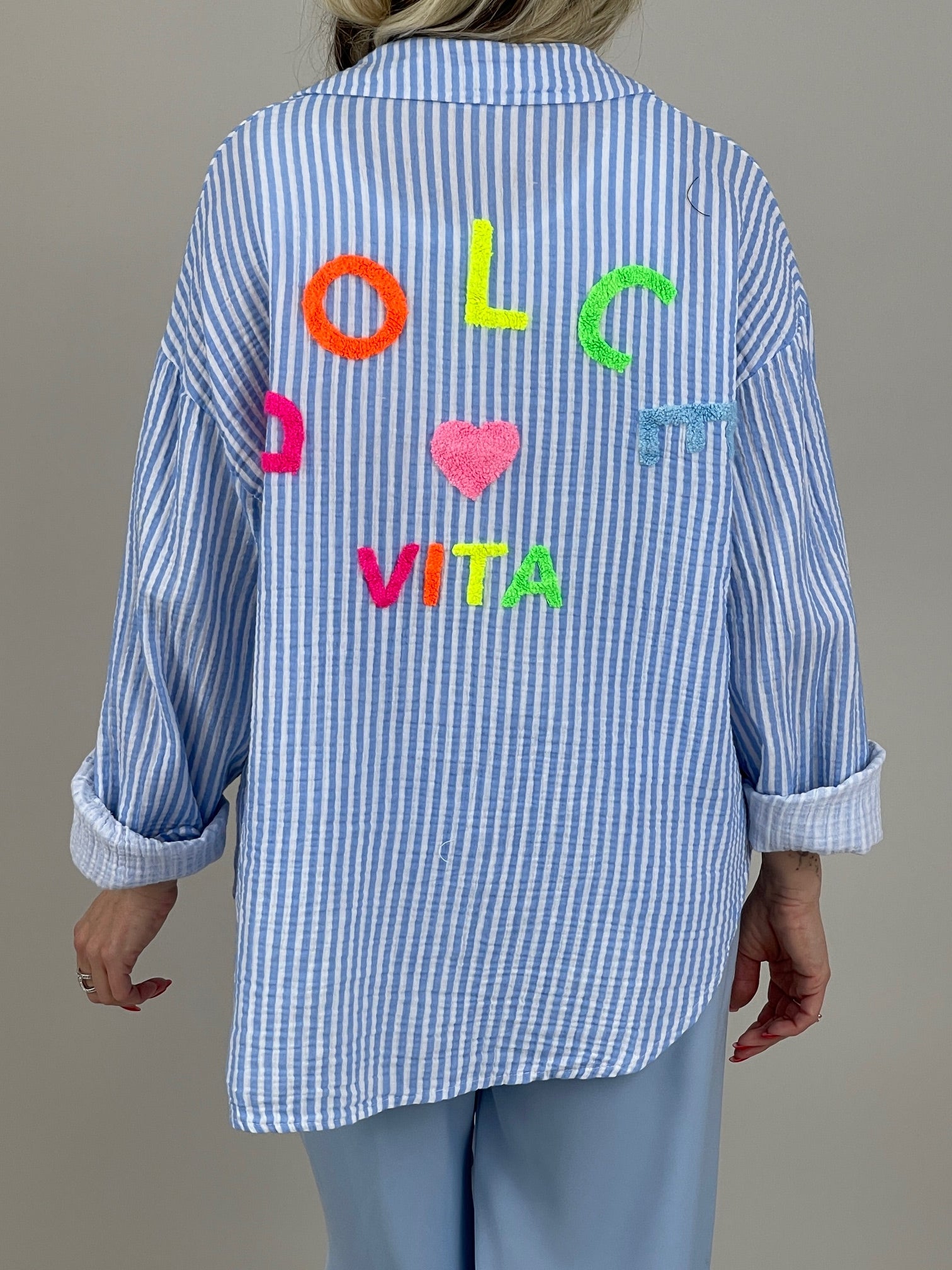 Musselin Bluse Frottee-Details in Hellblau