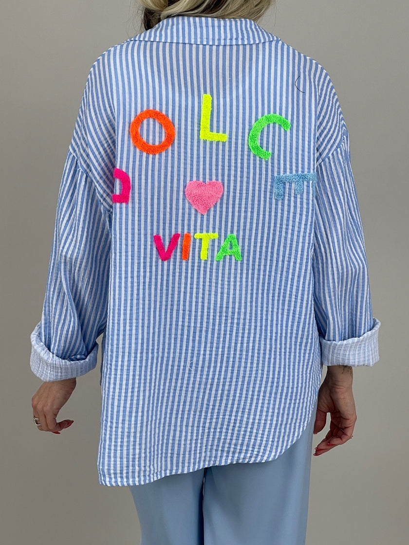 Musselin Bluse Frottee-Details in Hellblau