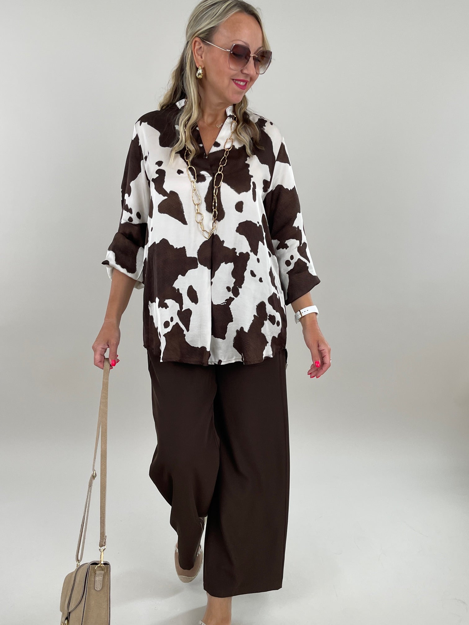 Bluse Satin-Optik gemustert in Mokka/Creme Artikel 6171