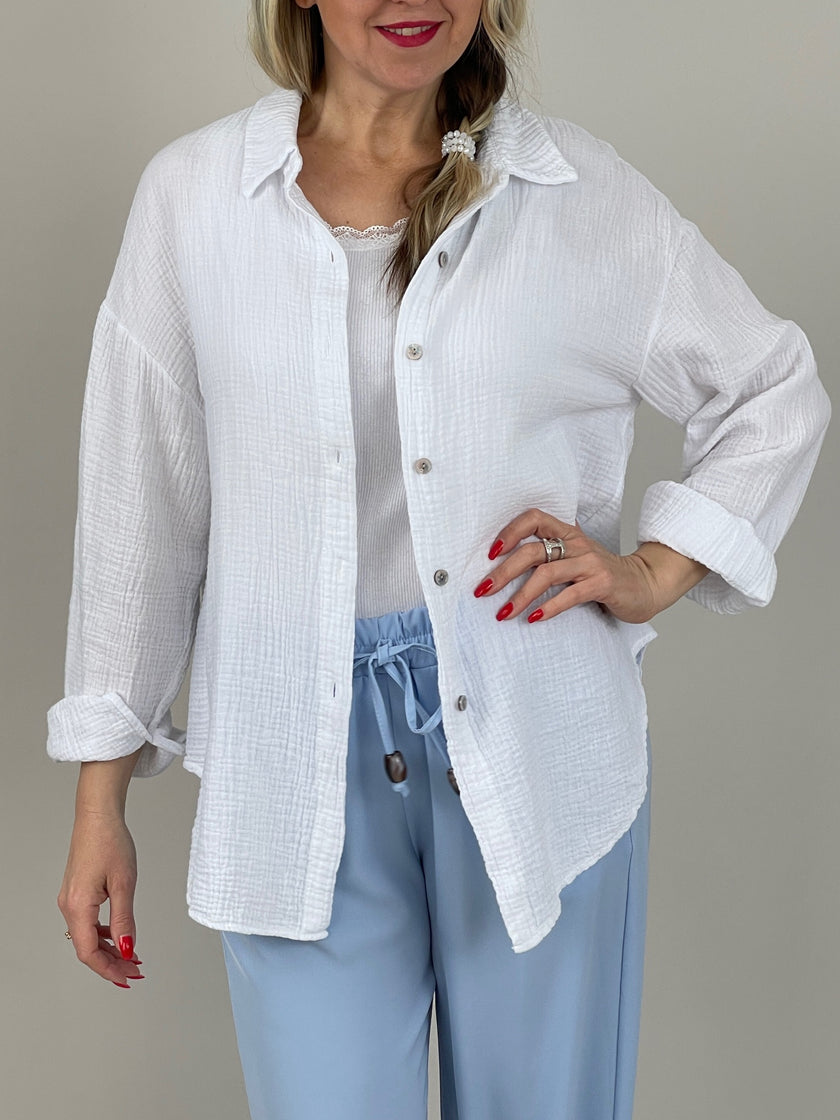 Musselin Bluse Frottee-Details in Weiß