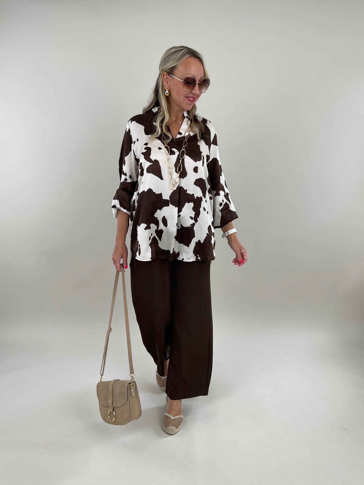 Bluse Satin-Optik gemustert in Mokka/Creme Artikel 6171