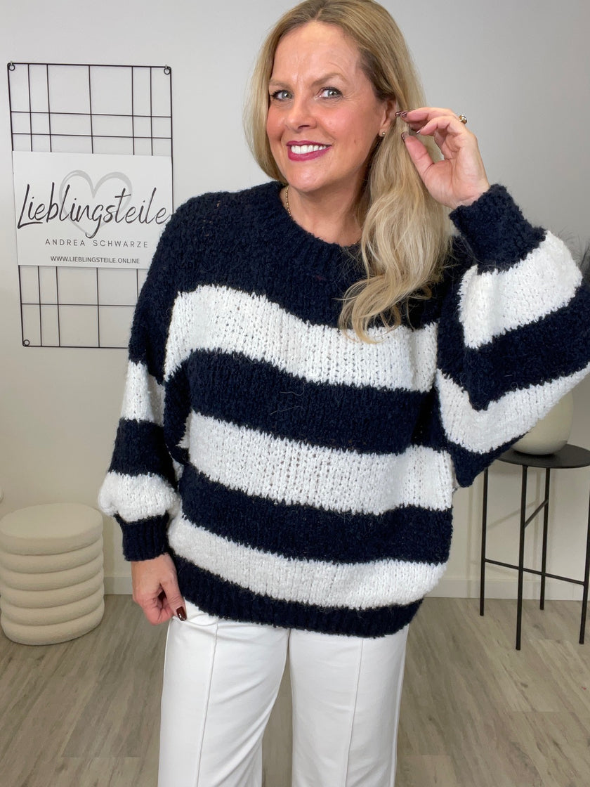 Pullover Bouclé Grobstrick mit Streifen in Marine/Weiß Art. 6537