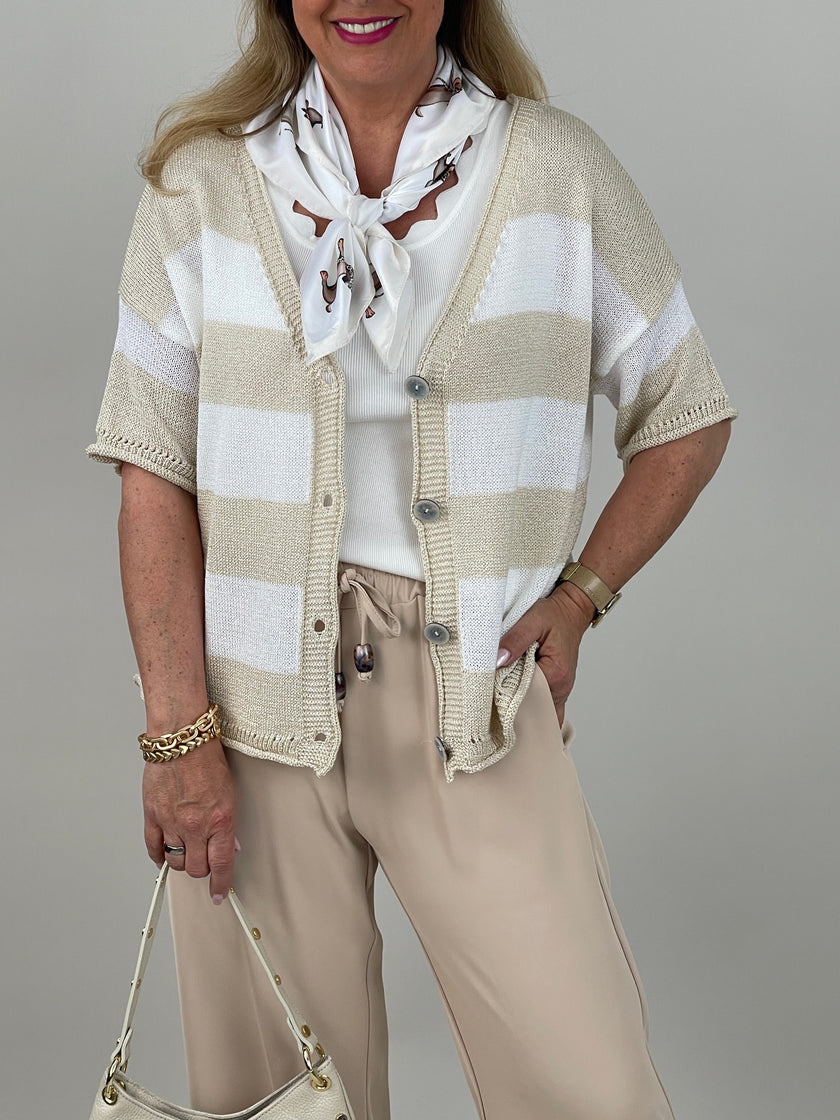 Strickjäckchen Streifen in Beige/Weiß