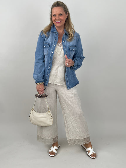 Hose Leinen mit Spitze in Beige