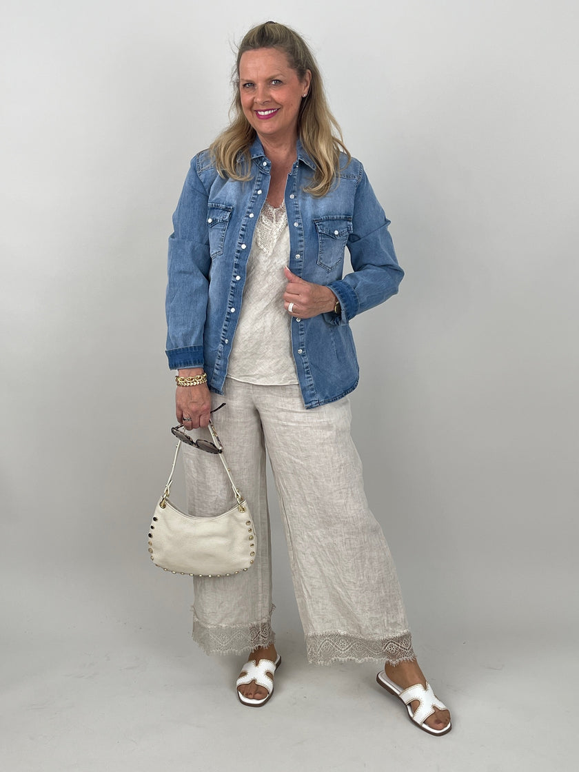 Hose Leinen mit Spitze in Beige