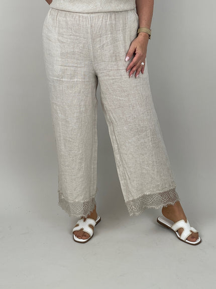 Hose Leinen mit Spitze in Beige