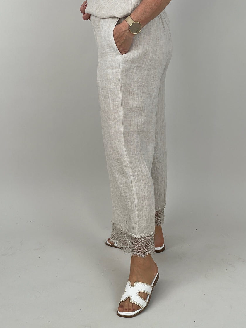 Hose Leinen mit Spitze in Beige