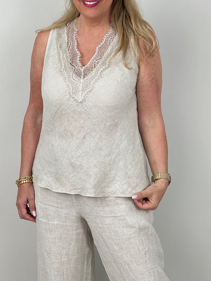 Top Leinen mit Spitze in Beige