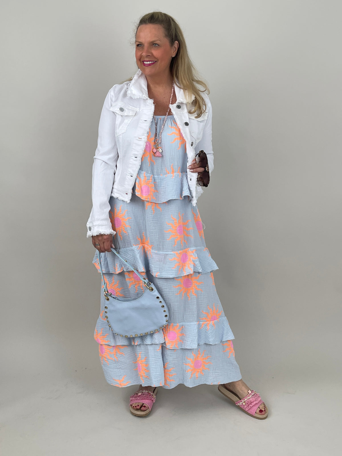 Kleid Musselin in Hellblau/Orange