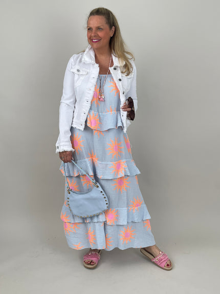 Kleid Musselin in Hellblau/Orange