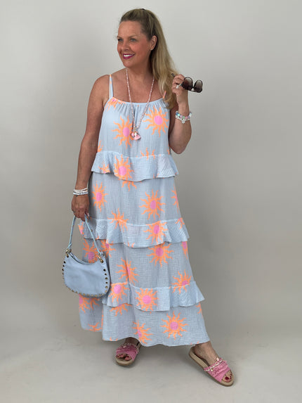 Kleid Musselin in Hellblau/Orange