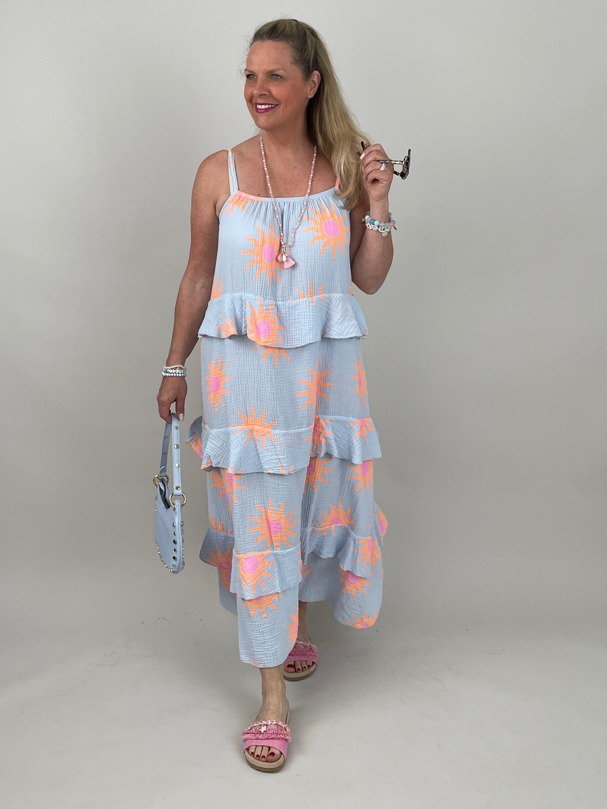 Kleid Musselin in Hellblau/Orange