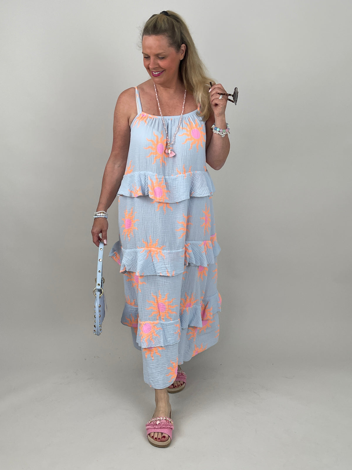 Kleid Musselin in Hellblau/Orange