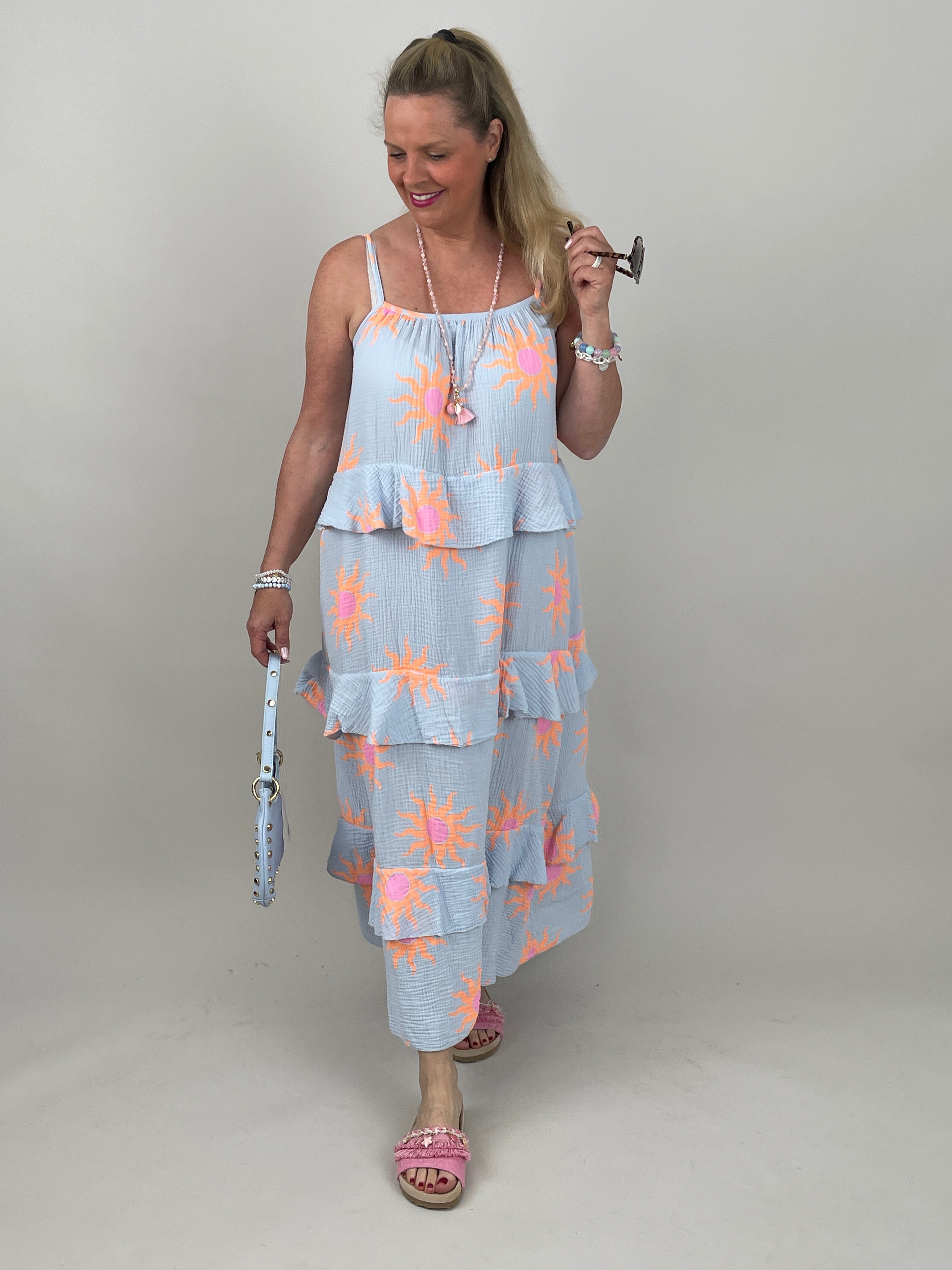 Kleid Musselin in Hellblau/Orange