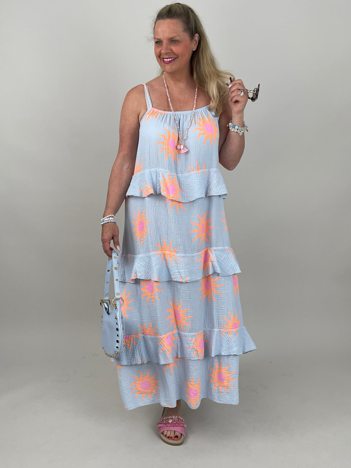 Kleid Musselin in Hellblau/Orange