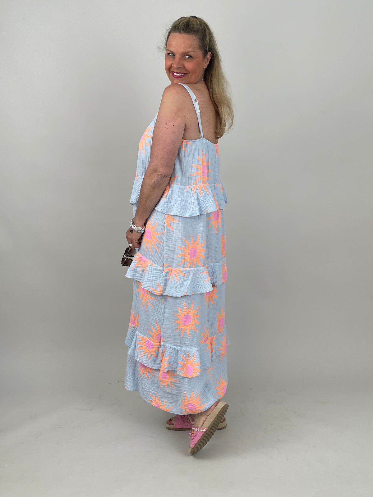 Kleid Musselin in Hellblau/Orange