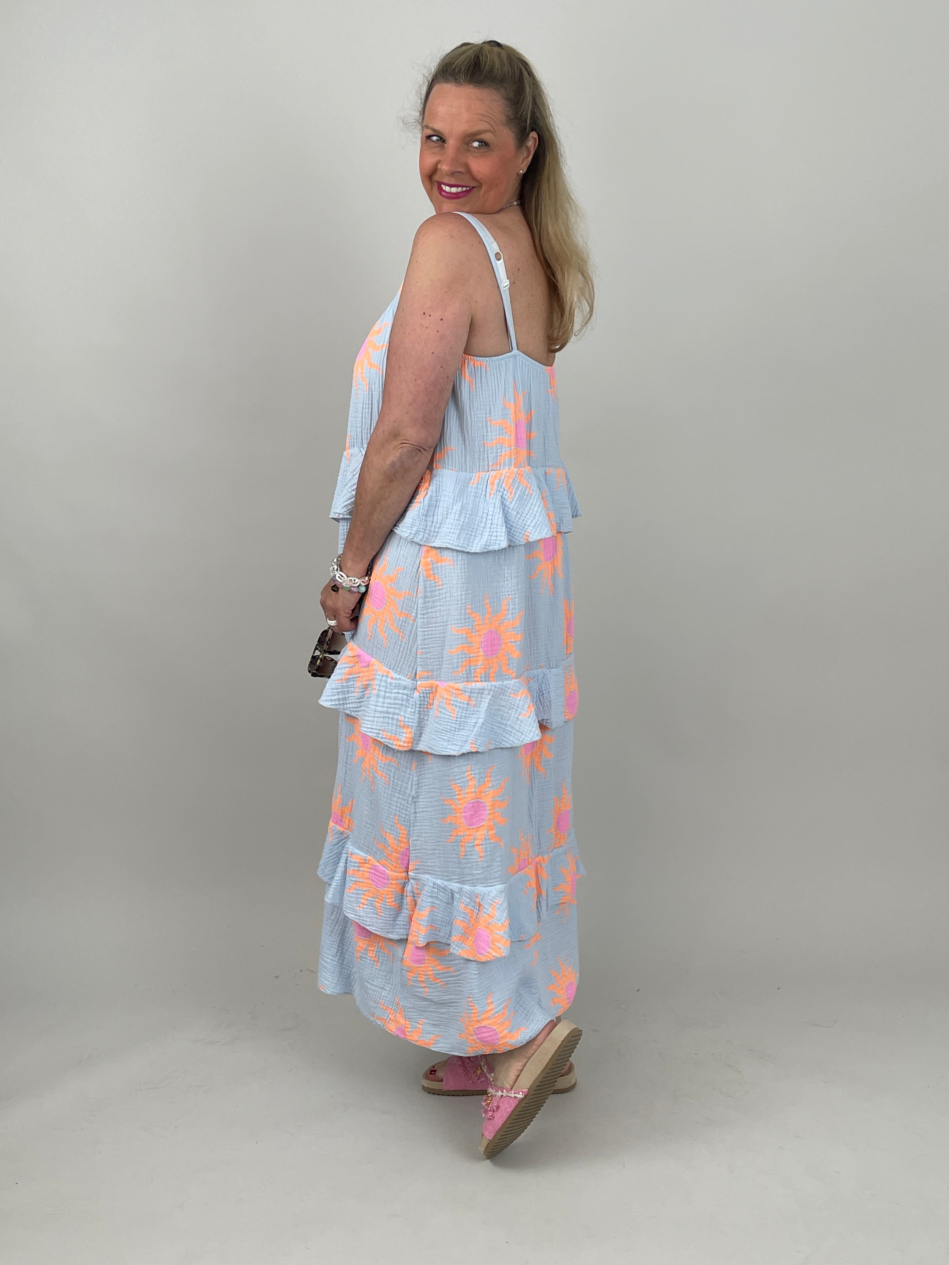 Kleid Musselin in Hellblau/Orange