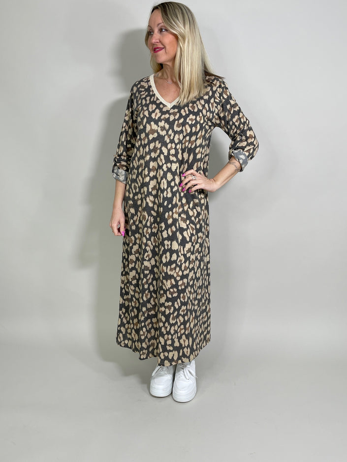 Kleid Langarm Leo in Anthrazit/Beige