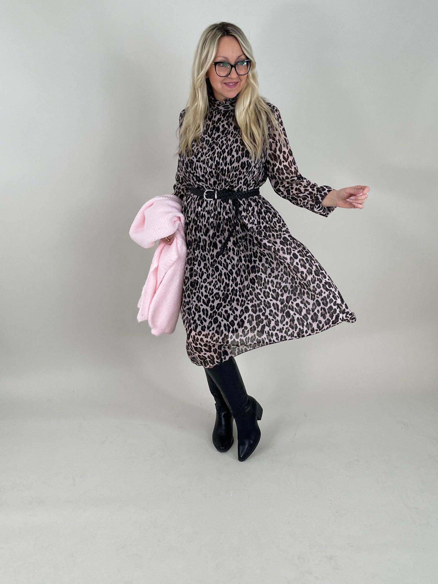 Plissee Kleid Leo Muster leicht Rosa