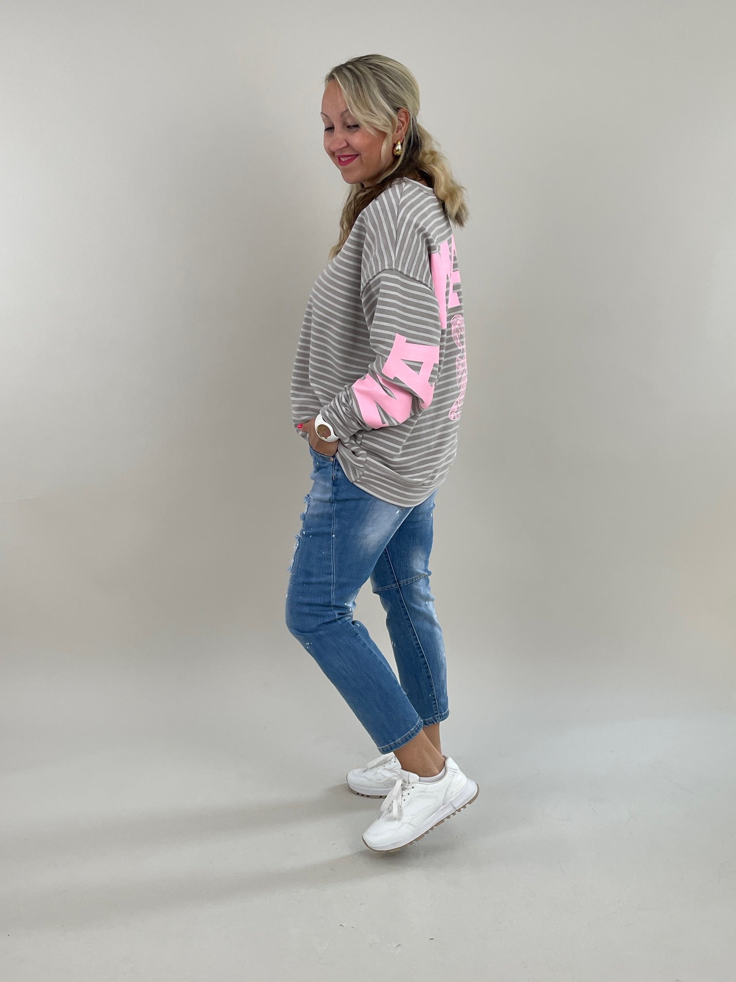Sweater Namaste gestreift in Taupe/Offwhite Artikel 6145