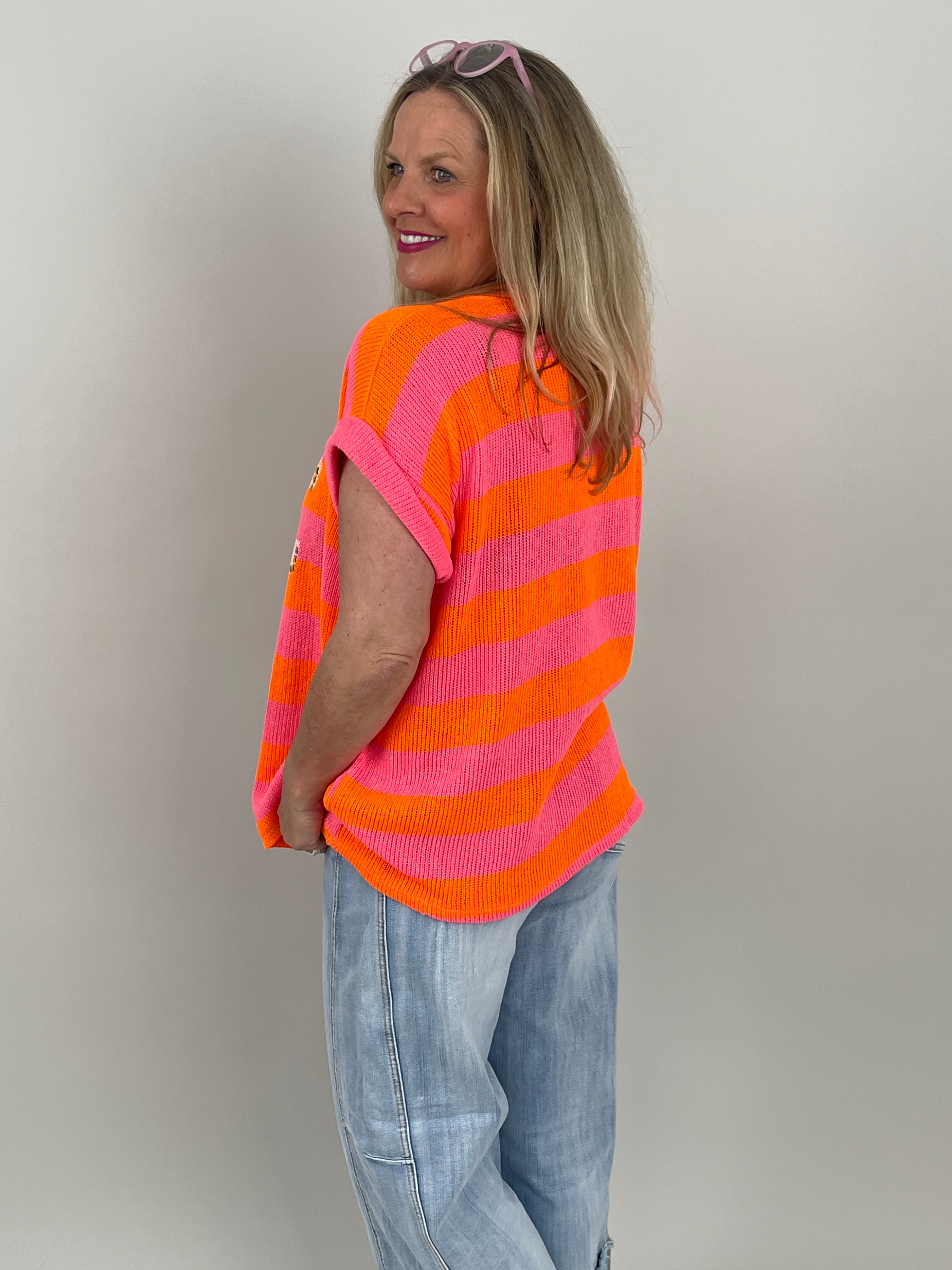Strick Oberteil Streifen in Orange/Pink