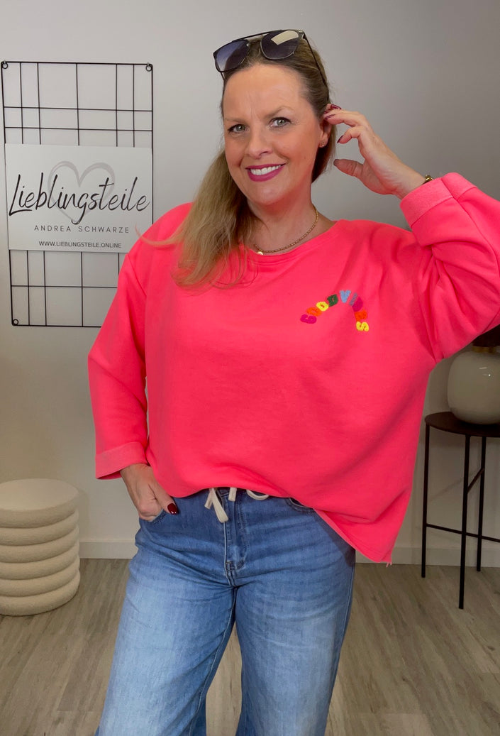 Sweatshirt mit Frottee-Schriftzug in Neonpink Artikel 6785