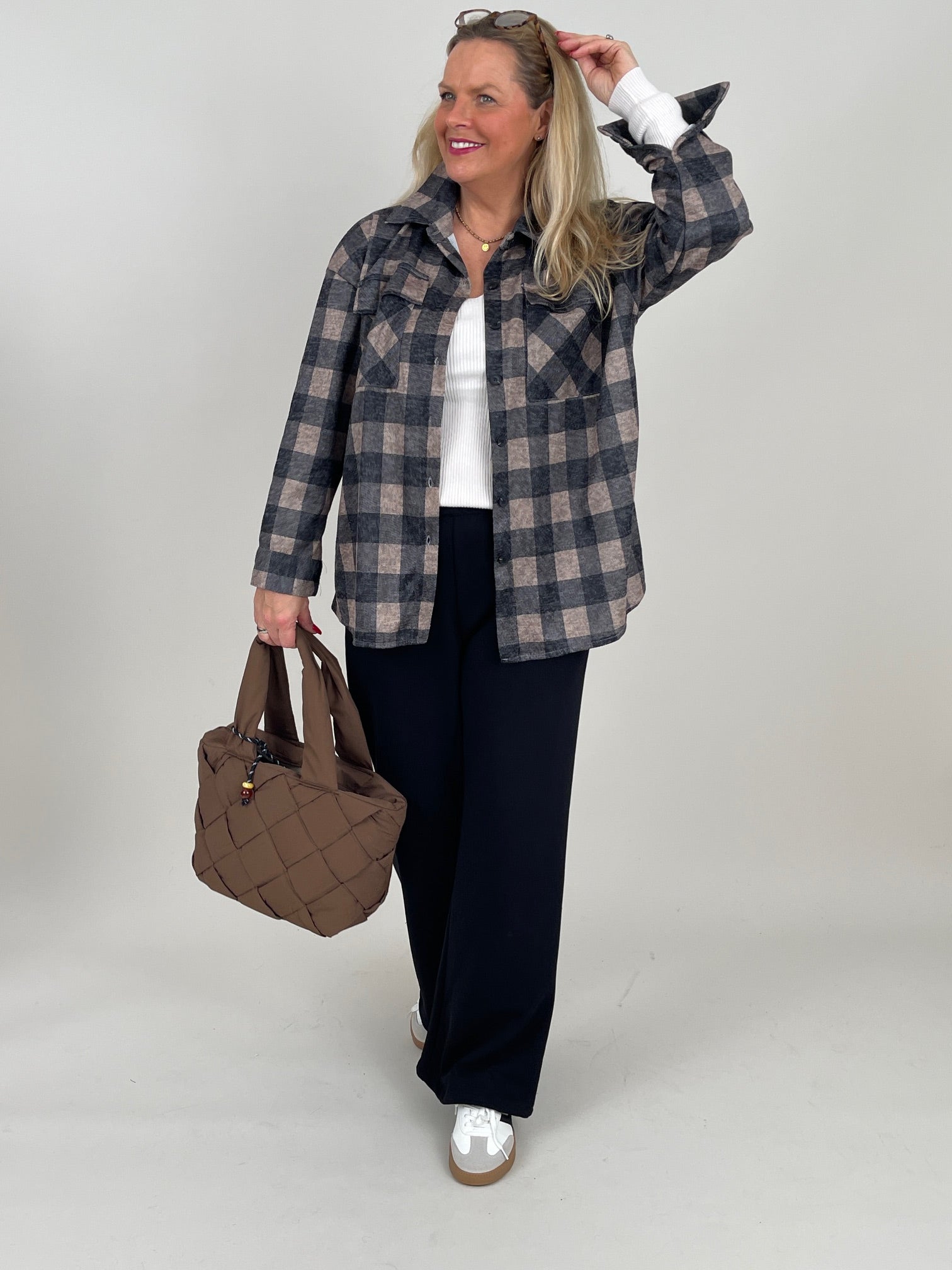 Blusenhemd Karo Muster in Camel/Grau Artikel 6546