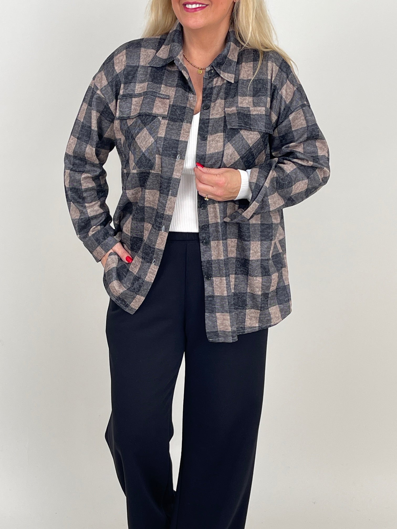 Blusenhemd Karo Muster in Camel/Grau Artikel 6546