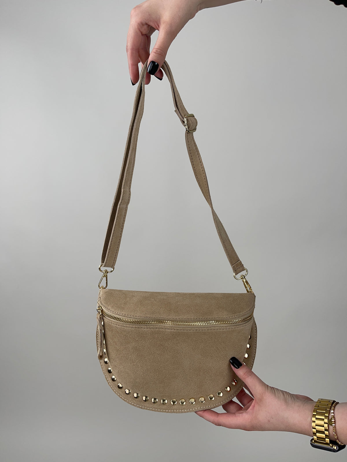 Bauchtasche Echtleder mit Nieten in Taupe