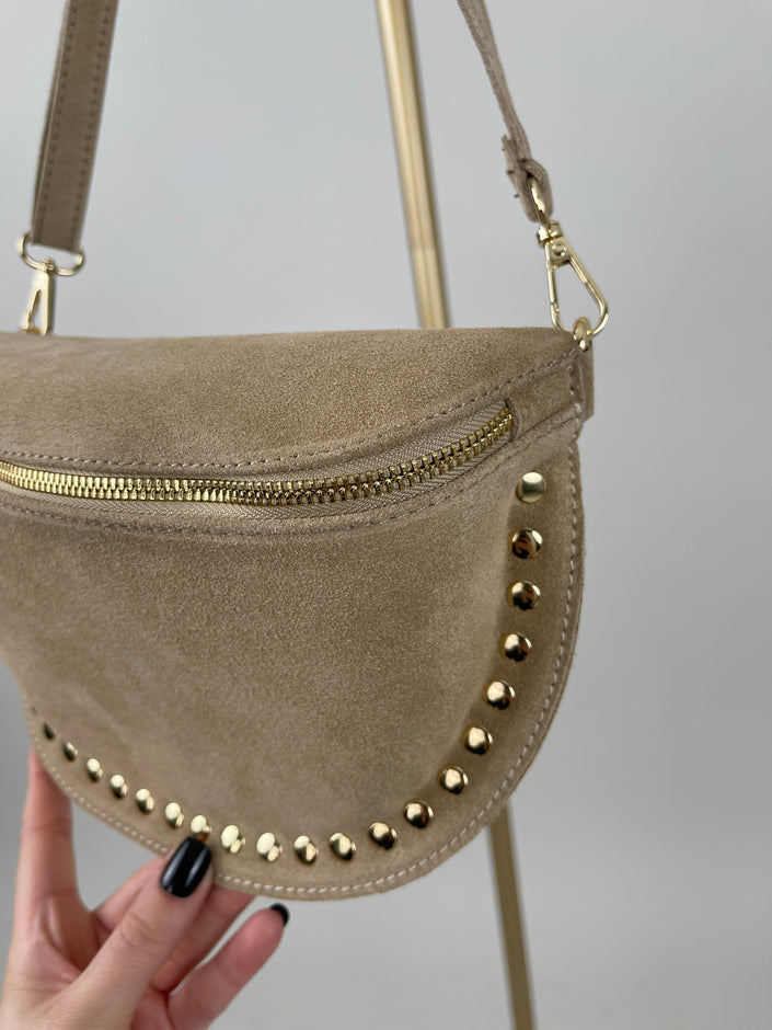 Bauchtasche Echtleder mit Nieten in Taupe