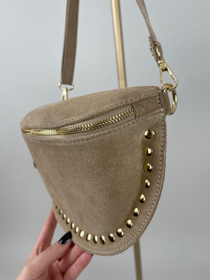 Bauchtasche Echtleder mit Nieten in Taupe