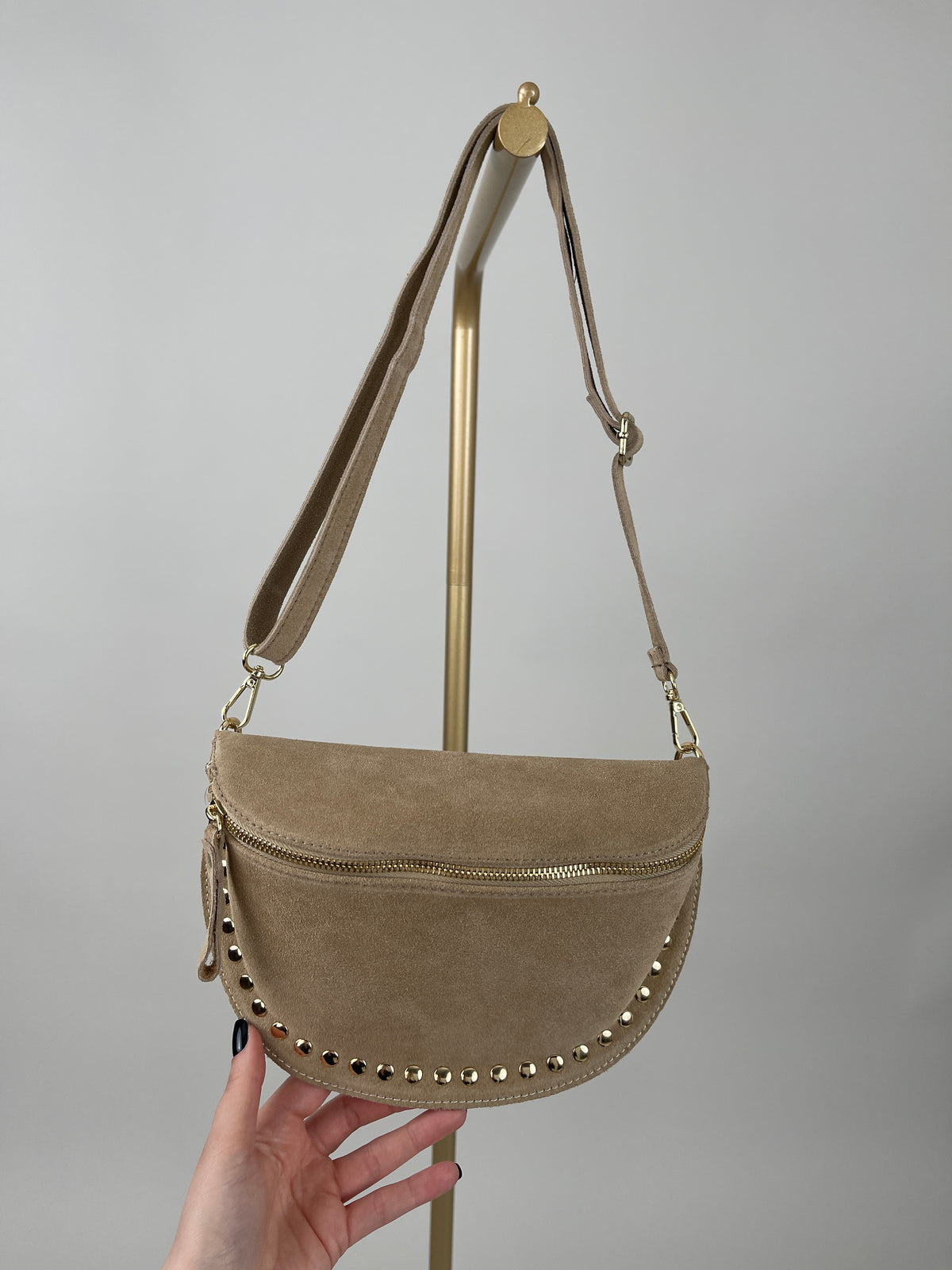 Bauchtasche Echtleder mit Nieten in Taupe