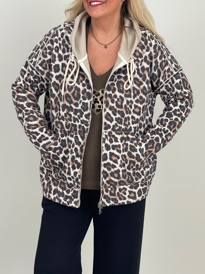 Jacke mit Kapuze Feinstrick im Leo-Muster Artikel 6543