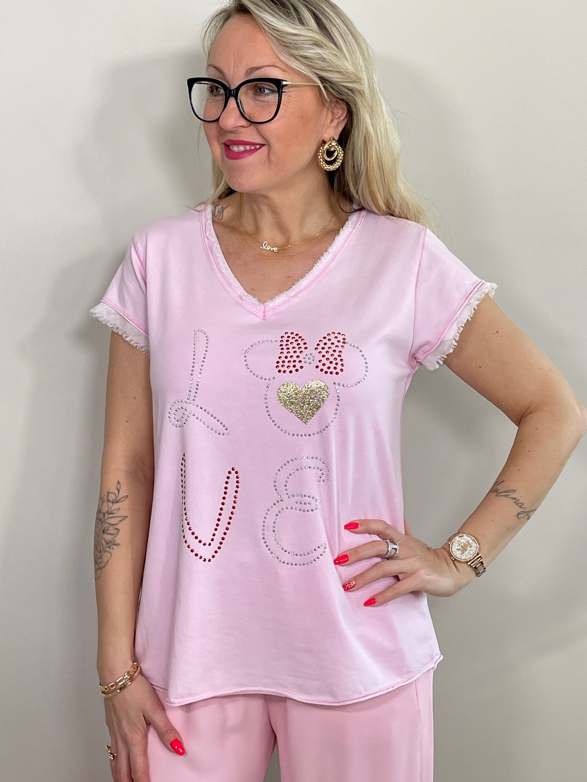 T-Shirt mit Steinchen und Glitzerdruck in versch. Farben
