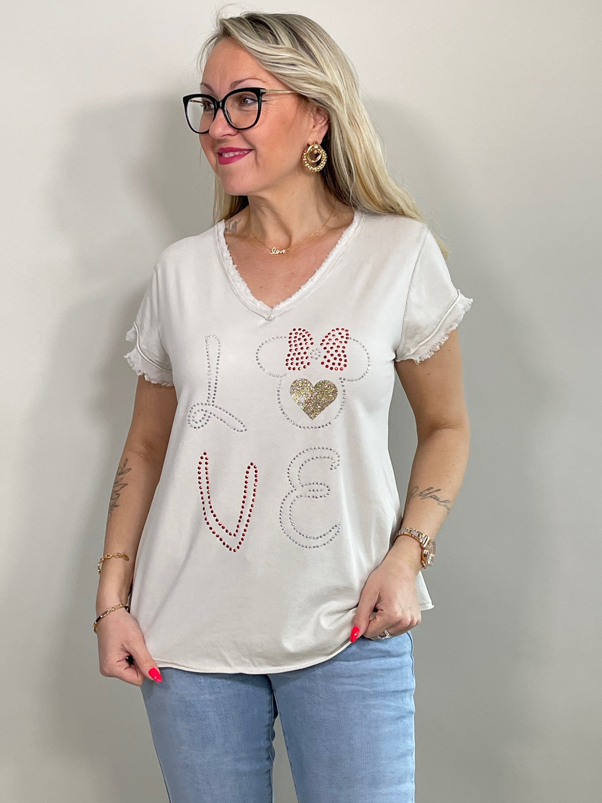 T-Shirt mit Steinchen und Glitzerdruck in versch. Farben