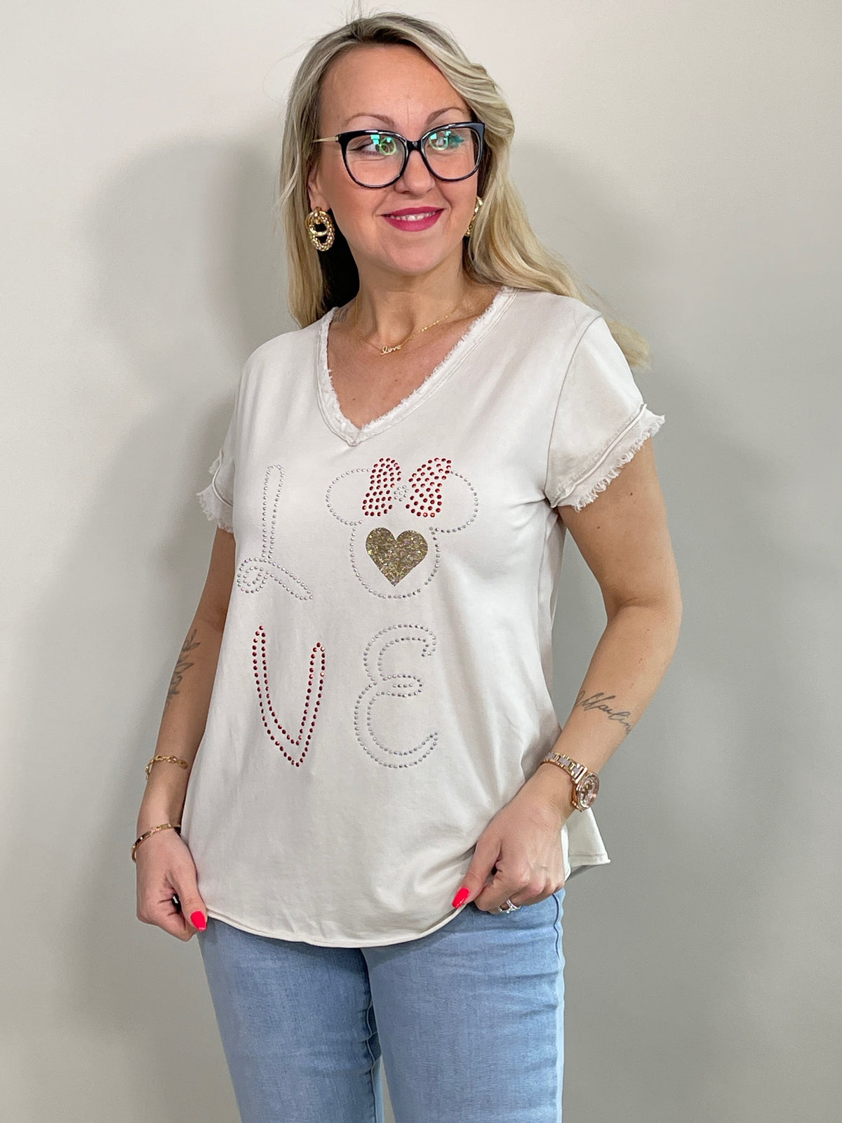 T-Shirt mit Steinchen und Glitzerdruck in versch. Farben