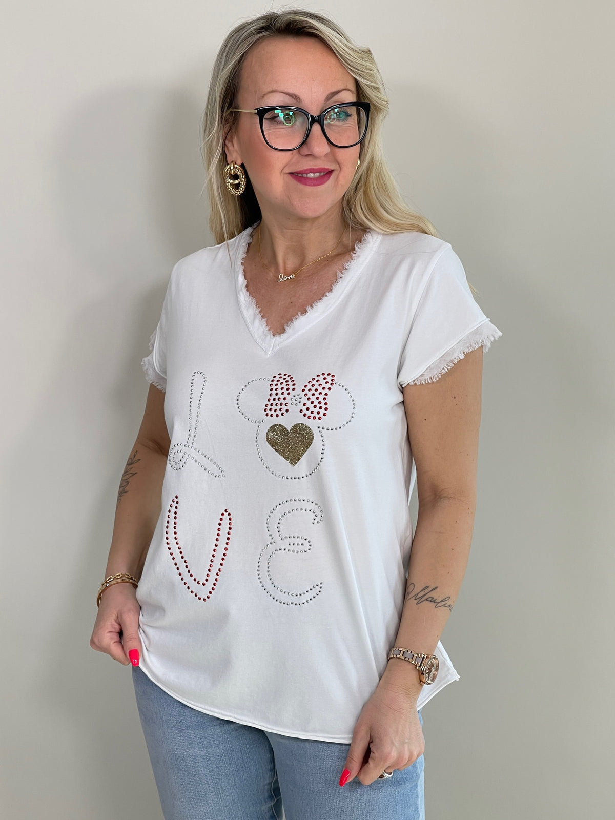 T-Shirt mit Steinchen und Glitzerdruck in versch. Farben