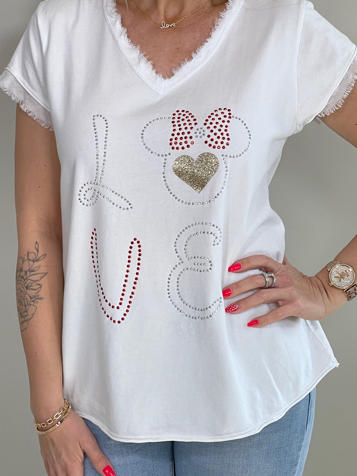 T-Shirt mit Steinchen und Glitzerdruck in versch. Farben